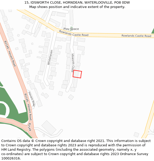 15, IDSWORTH CLOSE, HORNDEAN, WATERLOOVILLE, PO8 0DW: Location map and indicative extent of plot