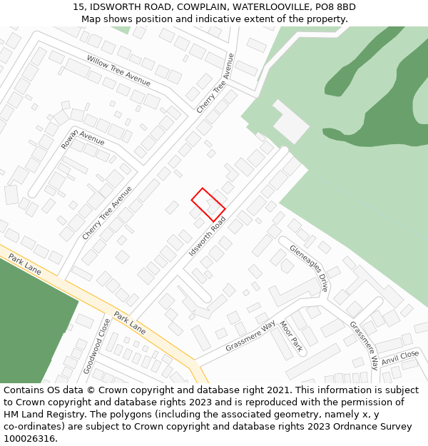 15, IDSWORTH ROAD, COWPLAIN, WATERLOOVILLE, PO8 8BD: Location map and indicative extent of plot
