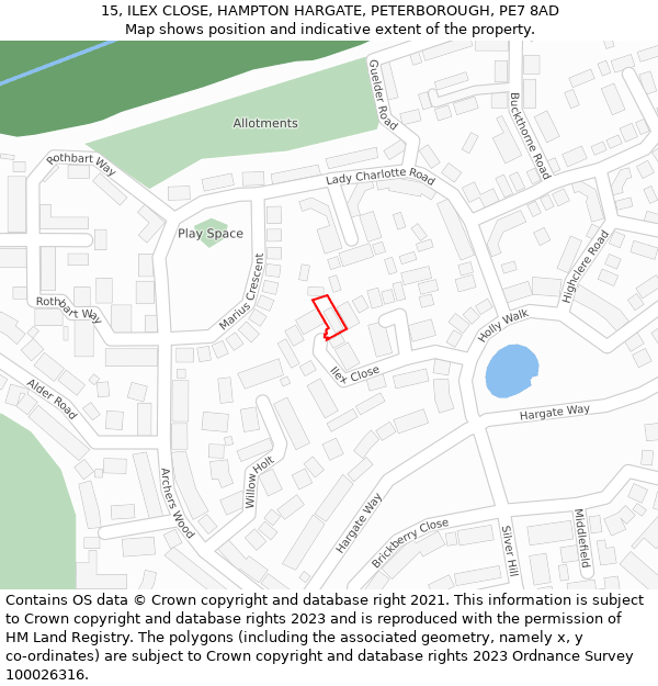 15, ILEX CLOSE, HAMPTON HARGATE, PETERBOROUGH, PE7 8AD: Location map and indicative extent of plot