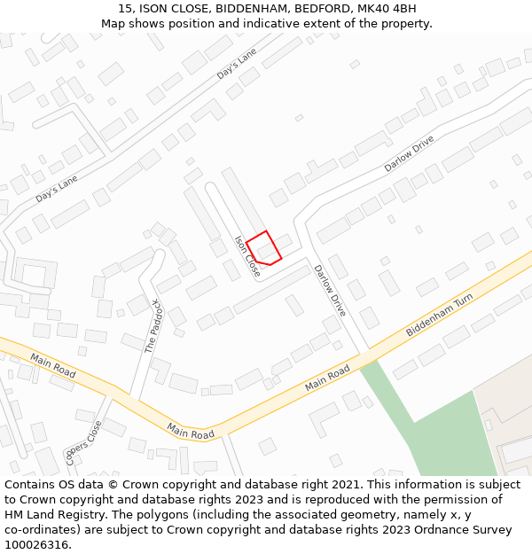 15, ISON CLOSE, BIDDENHAM, BEDFORD, MK40 4BH: Location map and indicative extent of plot