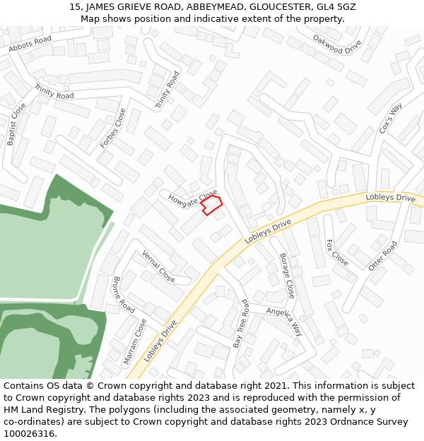 15, JAMES GRIEVE ROAD, ABBEYMEAD, GLOUCESTER, GL4 5GZ: Location map and indicative extent of plot