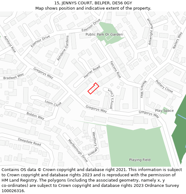 15, JENNYS COURT, BELPER, DE56 0GY: Location map and indicative extent of plot