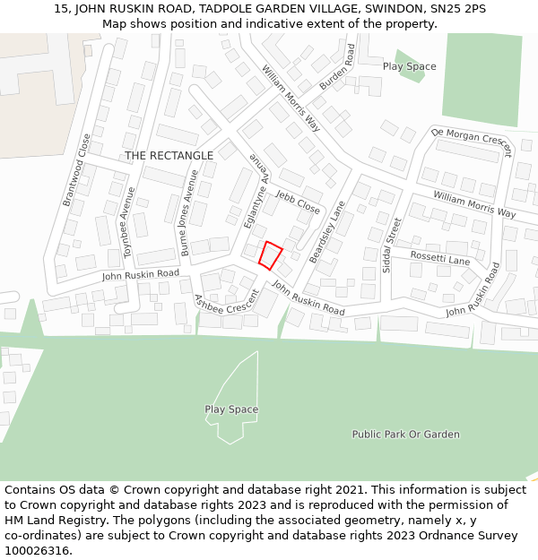 15, JOHN RUSKIN ROAD, TADPOLE GARDEN VILLAGE, SWINDON, SN25 2PS: Location map and indicative extent of plot