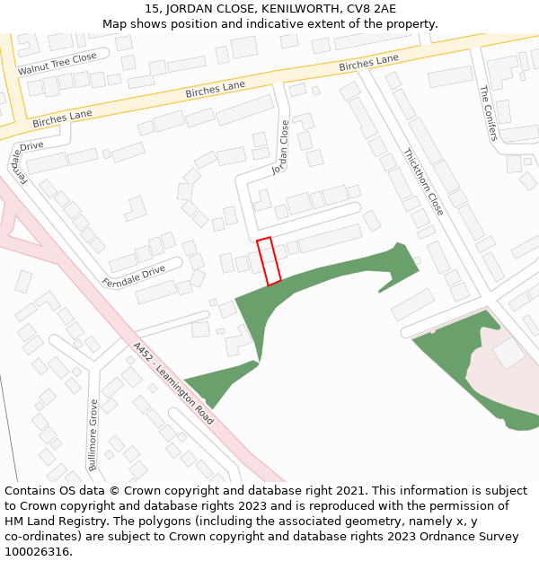 15, JORDAN CLOSE, KENILWORTH, CV8 2AE: Location map and indicative extent of plot