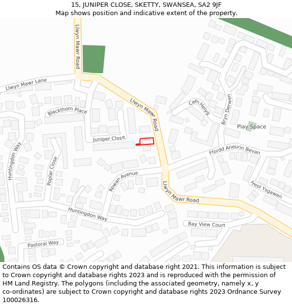 15, JUNIPER CLOSE, SKETTY, SWANSEA, SA2 9JF: Location map and indicative extent of plot