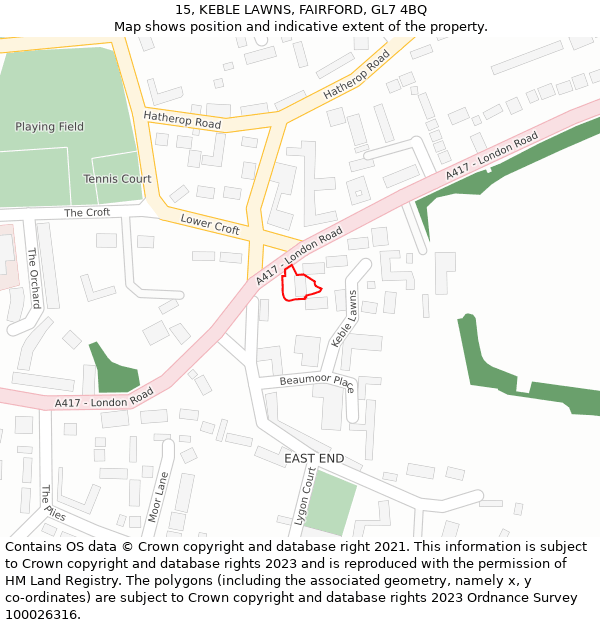 15, KEBLE LAWNS, FAIRFORD, GL7 4BQ: Location map and indicative extent of plot