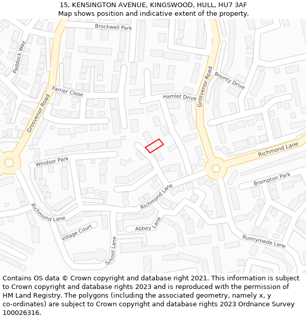 15, KENSINGTON AVENUE, KINGSWOOD, HULL, HU7 3AF: Location map and indicative extent of plot