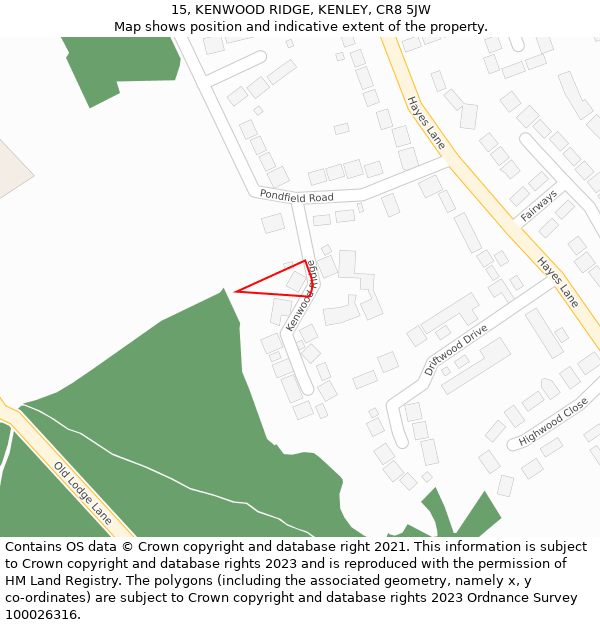 15, KENWOOD RIDGE, KENLEY, CR8 5JW: Location map and indicative extent of plot