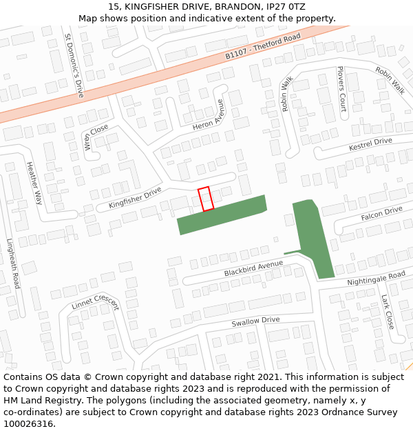 15, KINGFISHER DRIVE, BRANDON, IP27 0TZ: Location map and indicative extent of plot