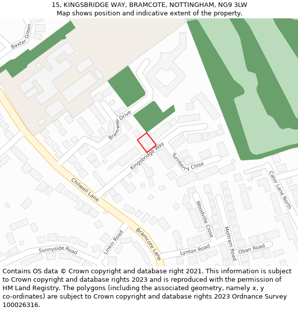 15, KINGSBRIDGE WAY, BRAMCOTE, NOTTINGHAM, NG9 3LW: Location map and indicative extent of plot