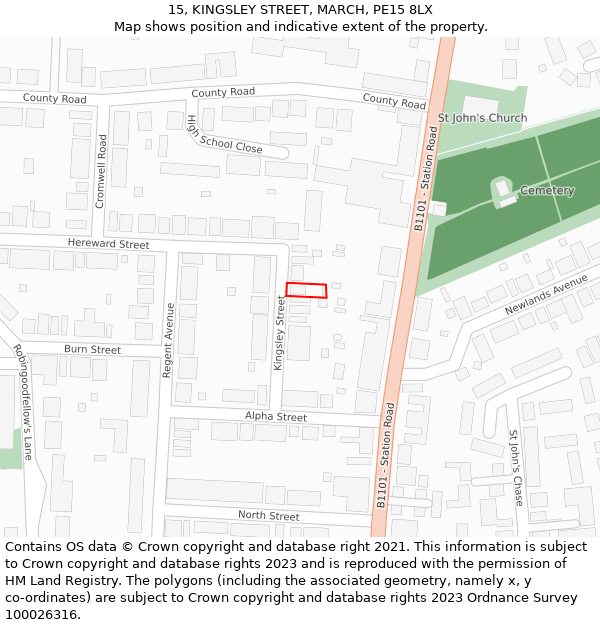 15, KINGSLEY STREET, MARCH, PE15 8LX: Location map and indicative extent of plot