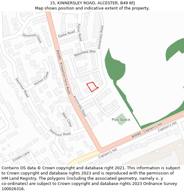 15, KINNERSLEY ROAD, ALCESTER, B49 6FJ: Location map and indicative extent of plot