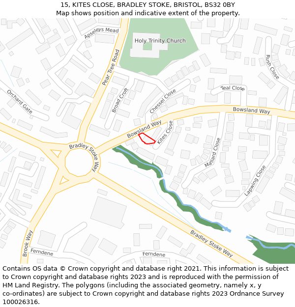 15, KITES CLOSE, BRADLEY STOKE, BRISTOL, BS32 0BY: Location map and indicative extent of plot