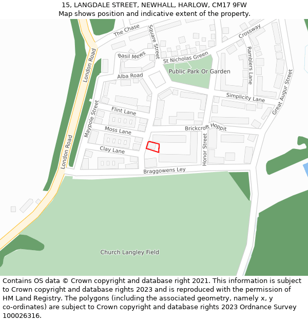 15, LANGDALE STREET, NEWHALL, HARLOW, CM17 9FW: Location map and indicative extent of plot
