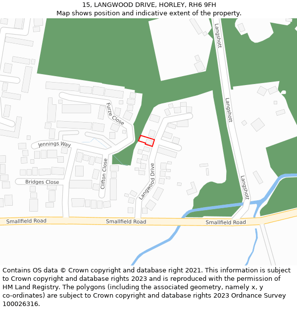 15, LANGWOOD DRIVE, HORLEY, RH6 9FH: Location map and indicative extent of plot