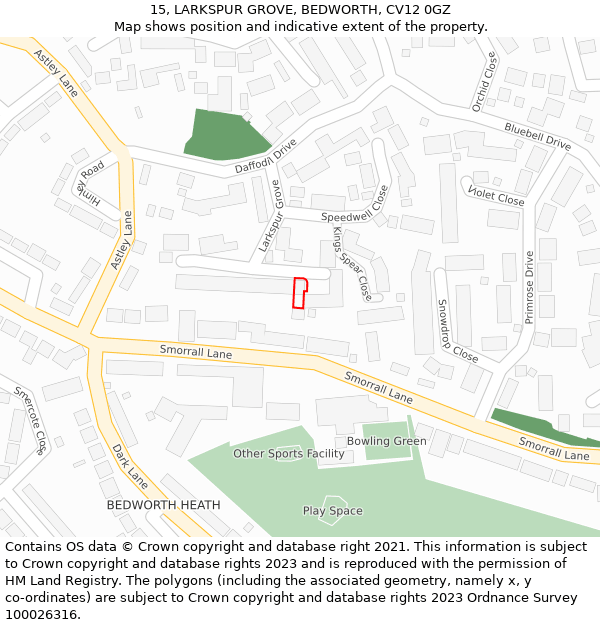 15, LARKSPUR GROVE, BEDWORTH, CV12 0GZ: Location map and indicative extent of plot