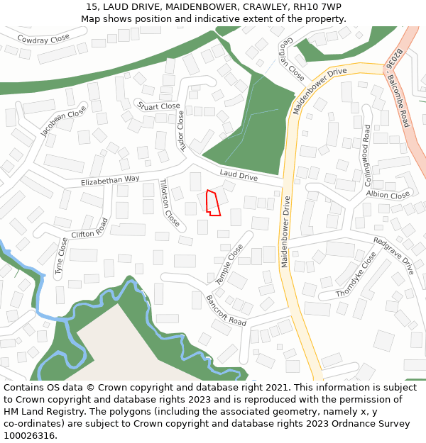 15, LAUD DRIVE, MAIDENBOWER, CRAWLEY, RH10 7WP: Location map and indicative extent of plot