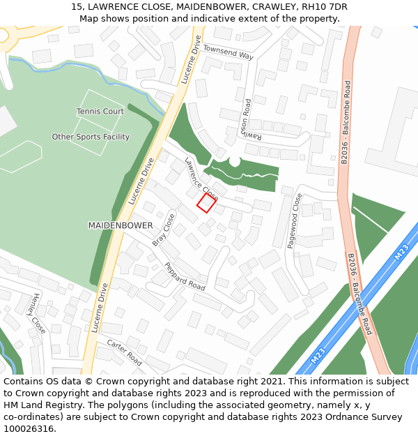 15, LAWRENCE CLOSE, MAIDENBOWER, CRAWLEY, RH10 7DR: Location map and indicative extent of plot