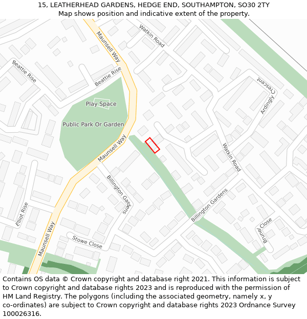 15, LEATHERHEAD GARDENS, HEDGE END, SOUTHAMPTON, SO30 2TY: Location map and indicative extent of plot