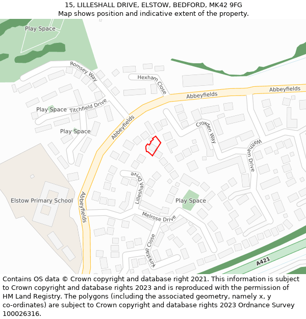 15, LILLESHALL DRIVE, ELSTOW, BEDFORD, MK42 9FG: Location map and indicative extent of plot