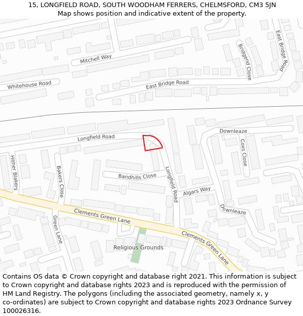 15, LONGFIELD ROAD, SOUTH WOODHAM FERRERS, CHELMSFORD, CM3 5JN: Location map and indicative extent of plot