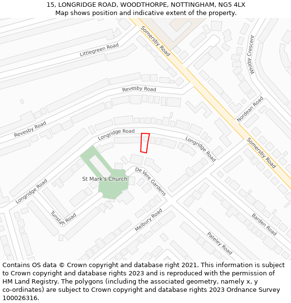15, LONGRIDGE ROAD, WOODTHORPE, NOTTINGHAM, NG5 4LX: Location map and indicative extent of plot