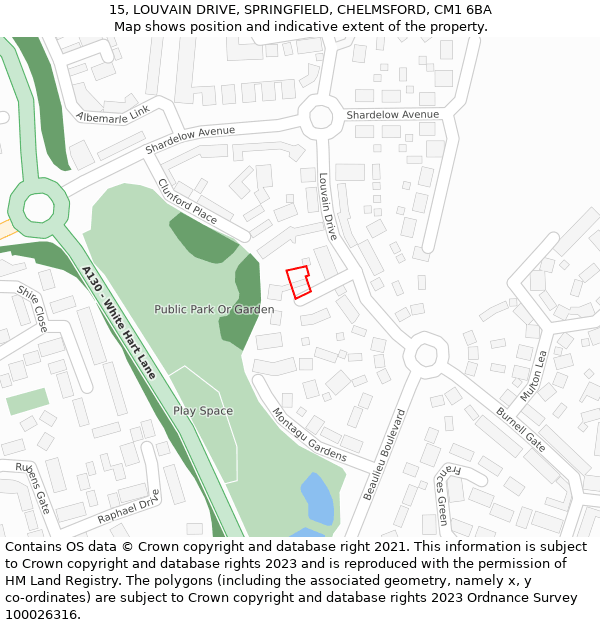 15, LOUVAIN DRIVE, SPRINGFIELD, CHELMSFORD, CM1 6BA: Location map and indicative extent of plot