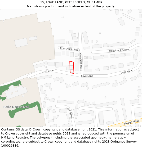 15, LOVE LANE, PETERSFIELD, GU31 4BP: Location map and indicative extent of plot