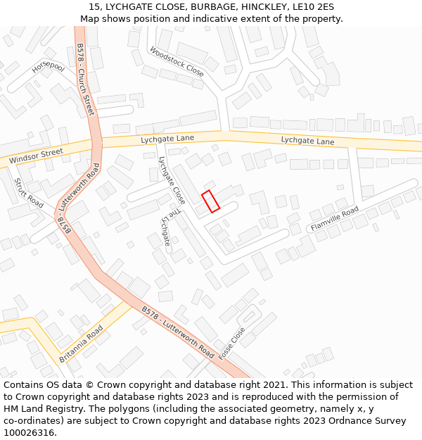 15, LYCHGATE CLOSE, BURBAGE, HINCKLEY, LE10 2ES: Location map and indicative extent of plot