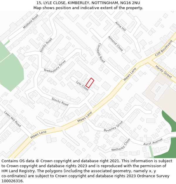 15, LYLE CLOSE, KIMBERLEY, NOTTINGHAM, NG16 2NU: Location map and indicative extent of plot