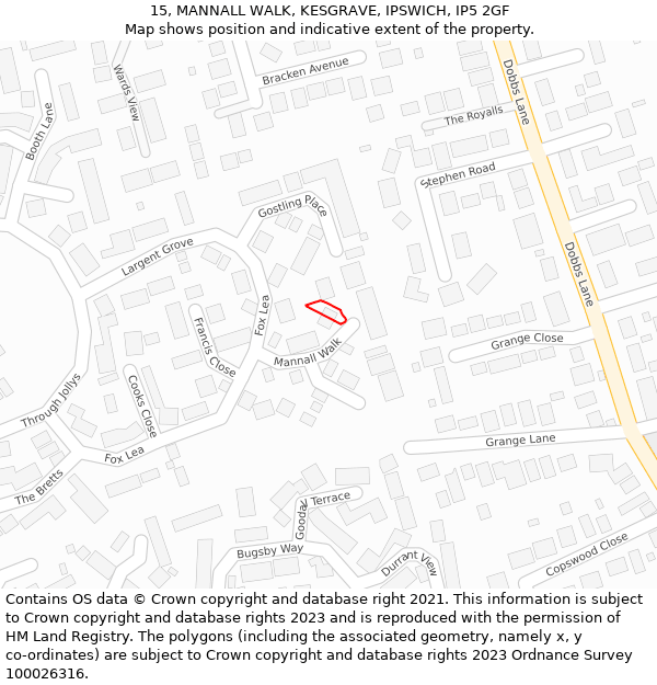 15, MANNALL WALK, KESGRAVE, IPSWICH, IP5 2GF: Location map and indicative extent of plot