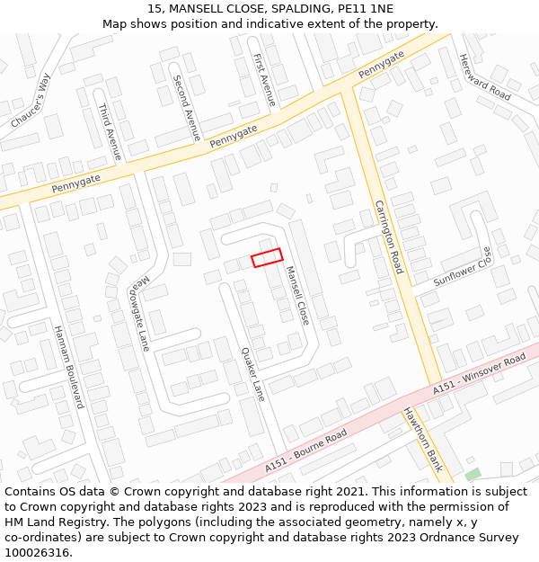 15, MANSELL CLOSE, SPALDING, PE11 1NE: Location map and indicative extent of plot