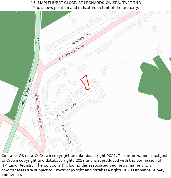 15, MAPLEHURST CLOSE, ST LEONARDS-ON-SEA, TN37 7NB: Location map and indicative extent of plot