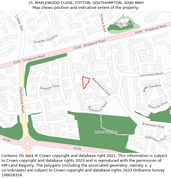 15, MAPLEWOOD CLOSE, TOTTON, SOUTHAMPTON, SO40 8WH: Location map and indicative extent of plot