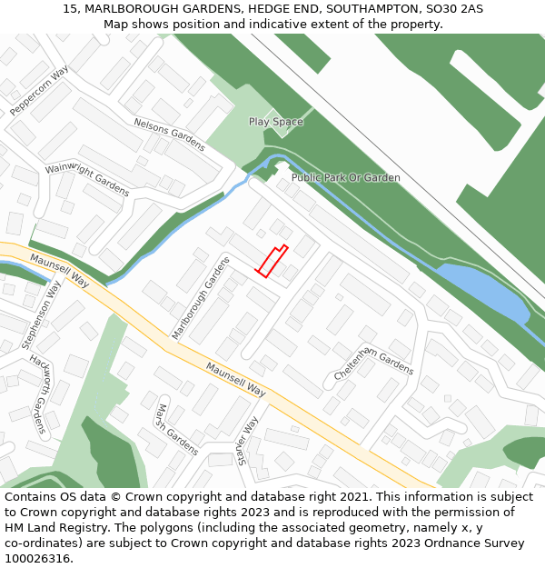 15, MARLBOROUGH GARDENS, HEDGE END, SOUTHAMPTON, SO30 2AS: Location map and indicative extent of plot