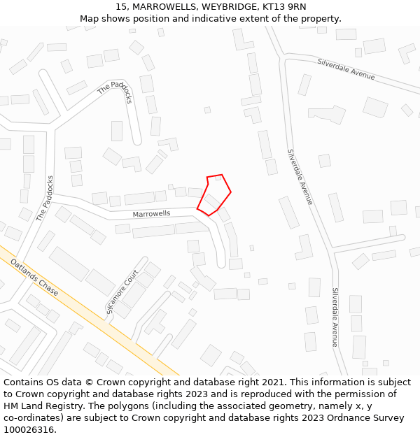 15, MARROWELLS, WEYBRIDGE, KT13 9RN: Location map and indicative extent of plot