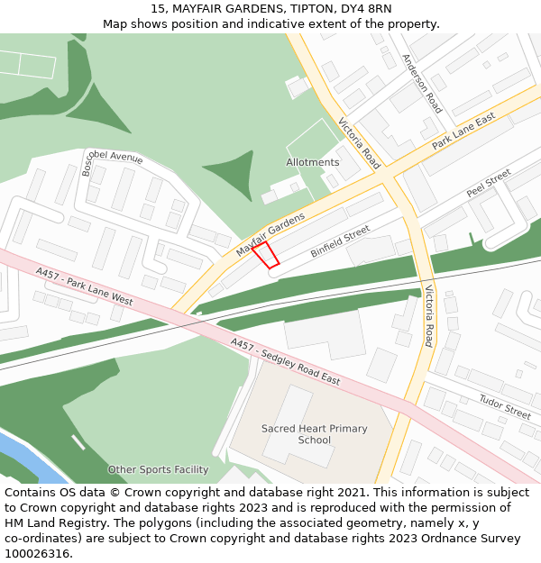 15, MAYFAIR GARDENS, TIPTON, DY4 8RN: Location map and indicative extent of plot