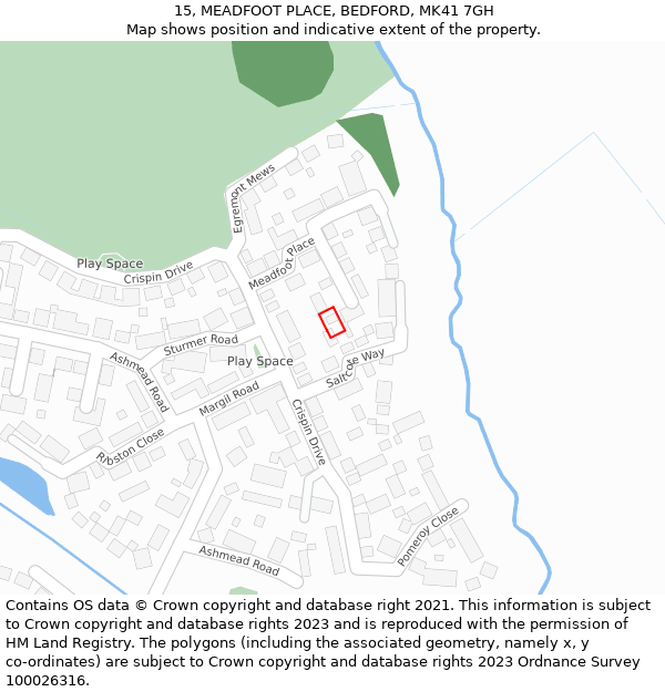 15, MEADFOOT PLACE, BEDFORD, MK41 7GH: Location map and indicative extent of plot