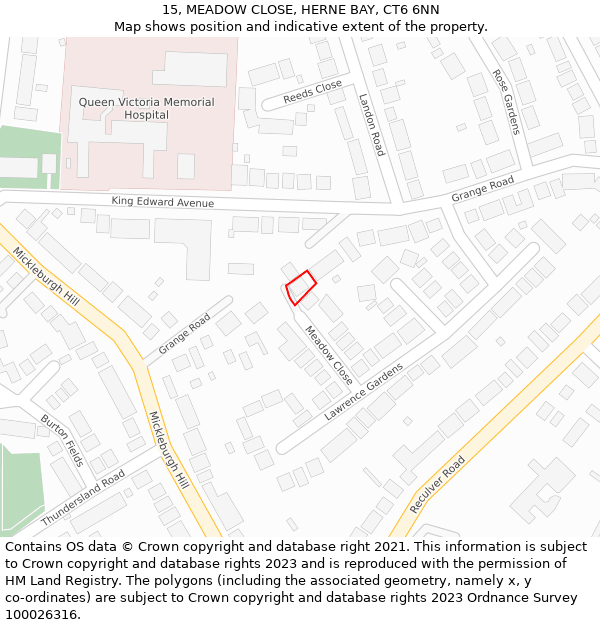 15, MEADOW CLOSE, HERNE BAY, CT6 6NN: Location map and indicative extent of plot