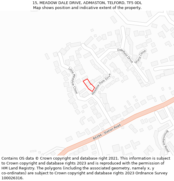 15, MEADOW DALE DRIVE, ADMASTON, TELFORD, TF5 0DL: Location map and indicative extent of plot