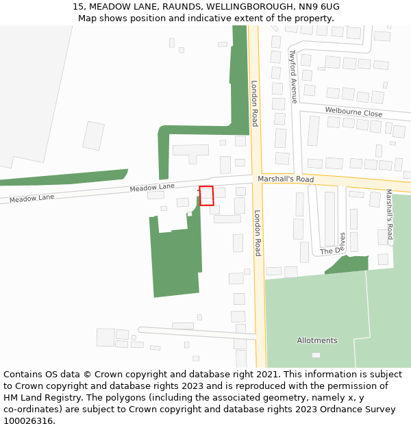 15, MEADOW LANE, RAUNDS, WELLINGBOROUGH, NN9 6UG: Location map and indicative extent of plot