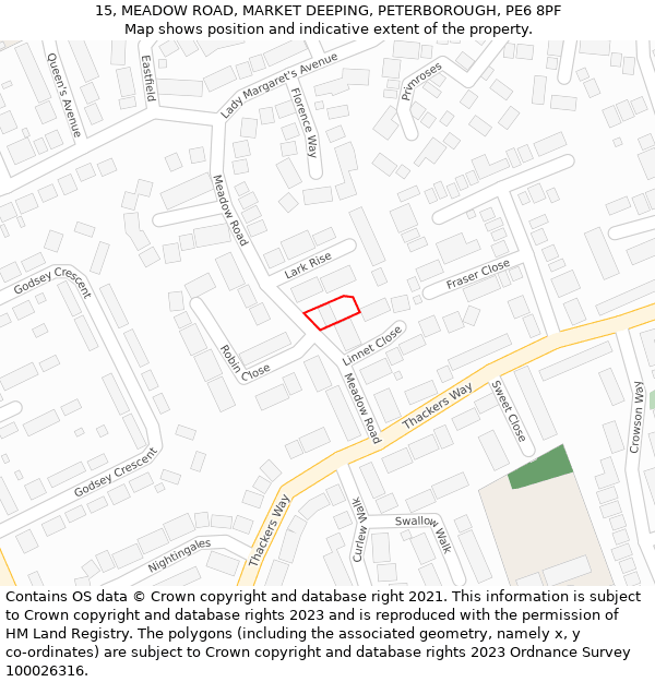 15, MEADOW ROAD, MARKET DEEPING, PETERBOROUGH, PE6 8PF: Location map and indicative extent of plot