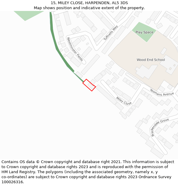 15, MILEY CLOSE, HARPENDEN, AL5 3DS: Location map and indicative extent of plot