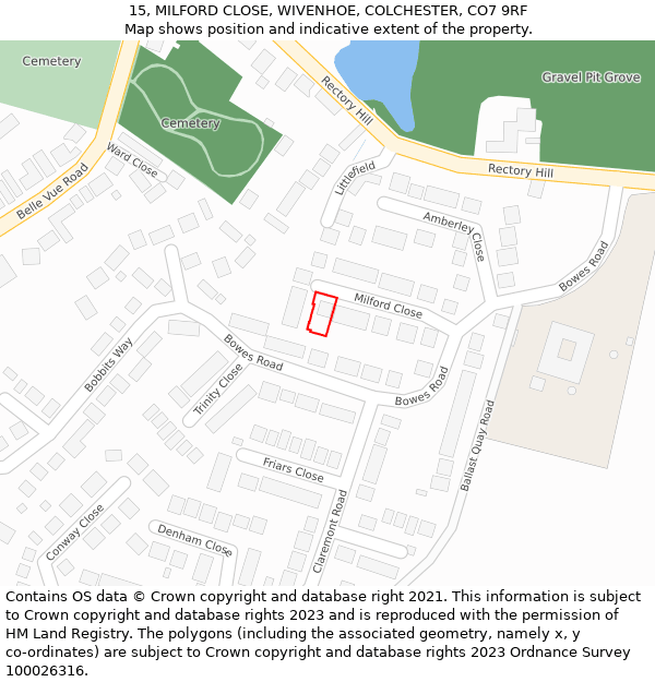 15, MILFORD CLOSE, WIVENHOE, COLCHESTER, CO7 9RF: Location map and indicative extent of plot