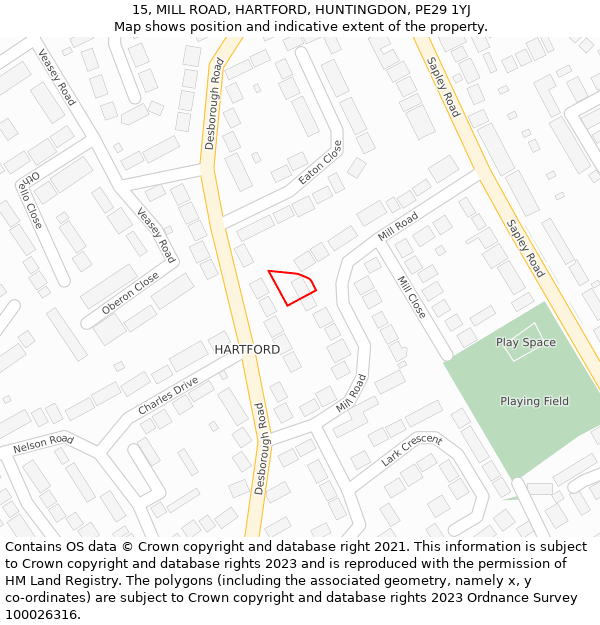 15, MILL ROAD, HARTFORD, HUNTINGDON, PE29 1YJ: Location map and indicative extent of plot