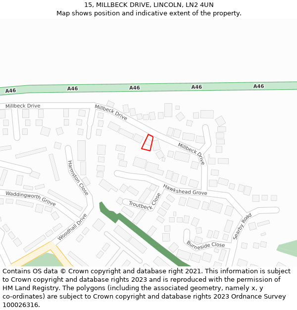 15, MILLBECK DRIVE, LINCOLN, LN2 4UN: Location map and indicative extent of plot