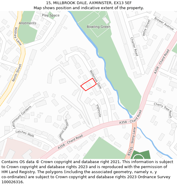 15, MILLBROOK DALE, AXMINSTER, EX13 5EF: Location map and indicative extent of plot