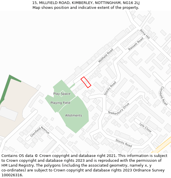 15, MILLFIELD ROAD, KIMBERLEY, NOTTINGHAM, NG16 2LJ: Location map and indicative extent of plot