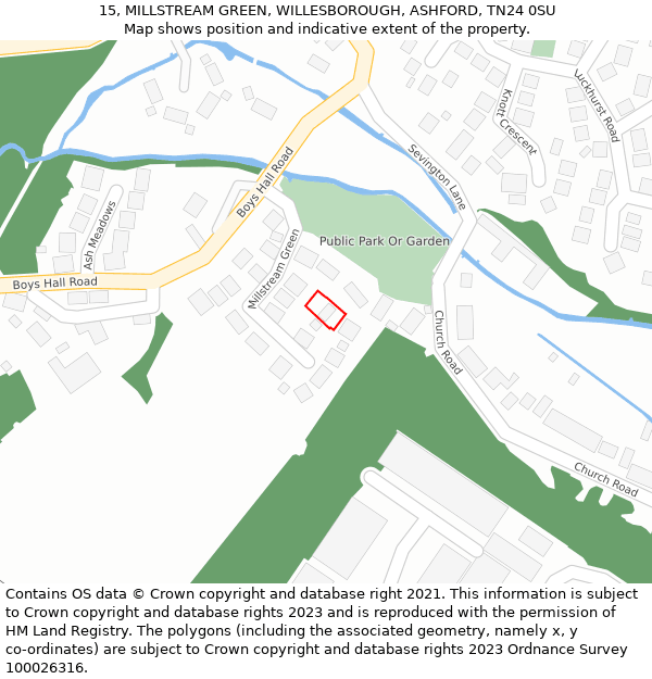 15, MILLSTREAM GREEN, WILLESBOROUGH, ASHFORD, TN24 0SU: Location map and indicative extent of plot