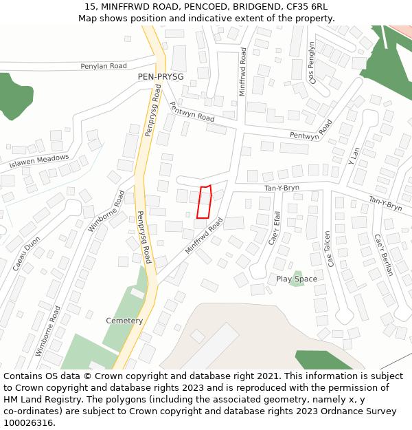 15, MINFFRWD ROAD, PENCOED, BRIDGEND, CF35 6RL: Location map and indicative extent of plot